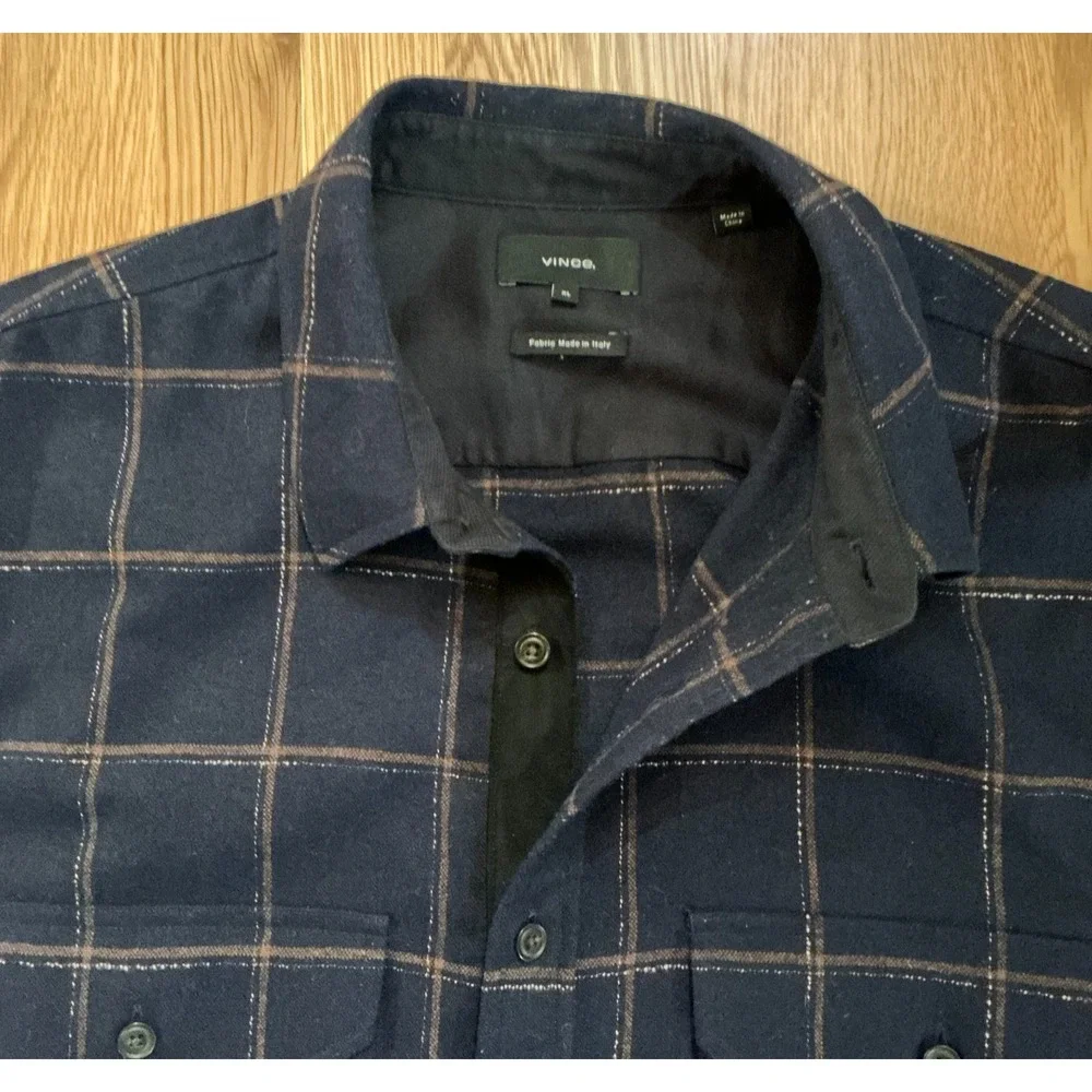 Vince‎ Mens XL Windowpane Wool-Blend Shirt Jacket Shacket Navy Blue/Brown Italy
